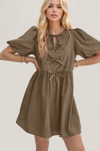 Elegant Ruched Puff Sleeve Mini Dress Vintage Bow Detail Cute Short Dress for Women