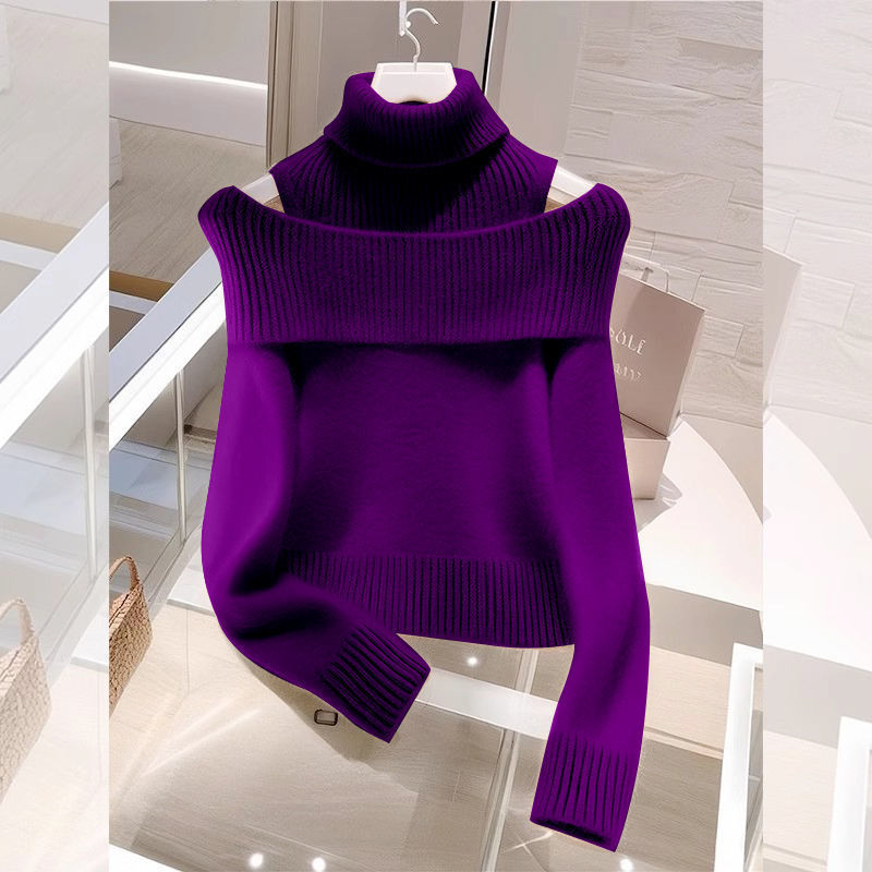 Soft Glutinous Idle Style Off-the-shoulder Bulky Turtleneck In Apricot Sweater Pi-Mart