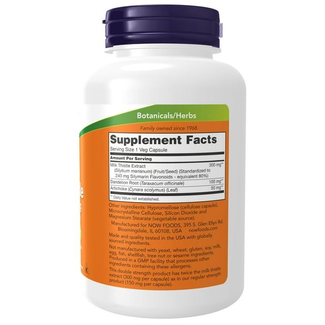 NOW Supplements, Milk Thistle Extract, Double Strength 300 mg, Silymarin (240 mg), Supports Liver Function*, With Artichoke and Dandelion, 200 Veg Capsules