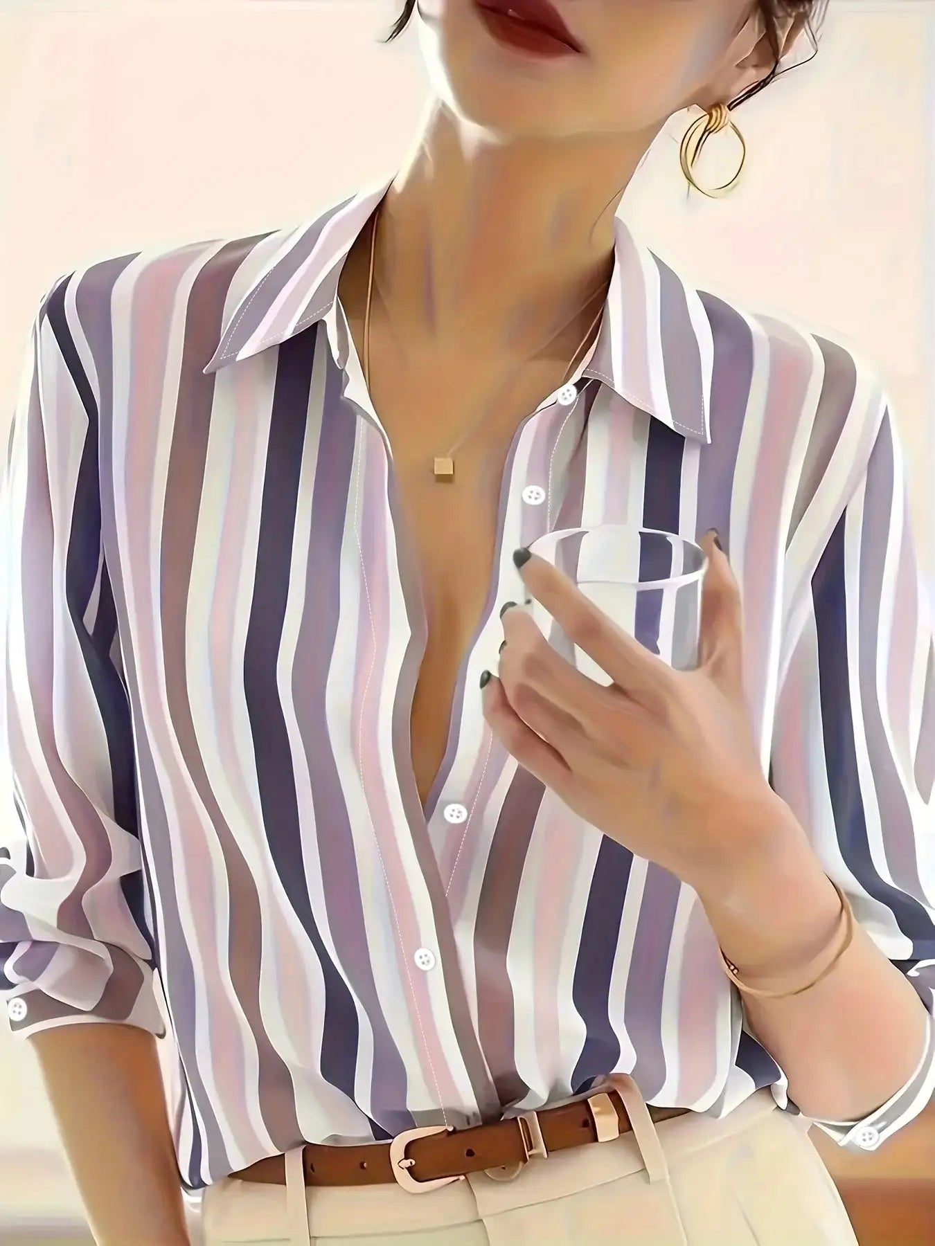 Ladies' Long-sleeved Striped Printed Versatile Casual Shirt - SJB-DIAMOND ELITES