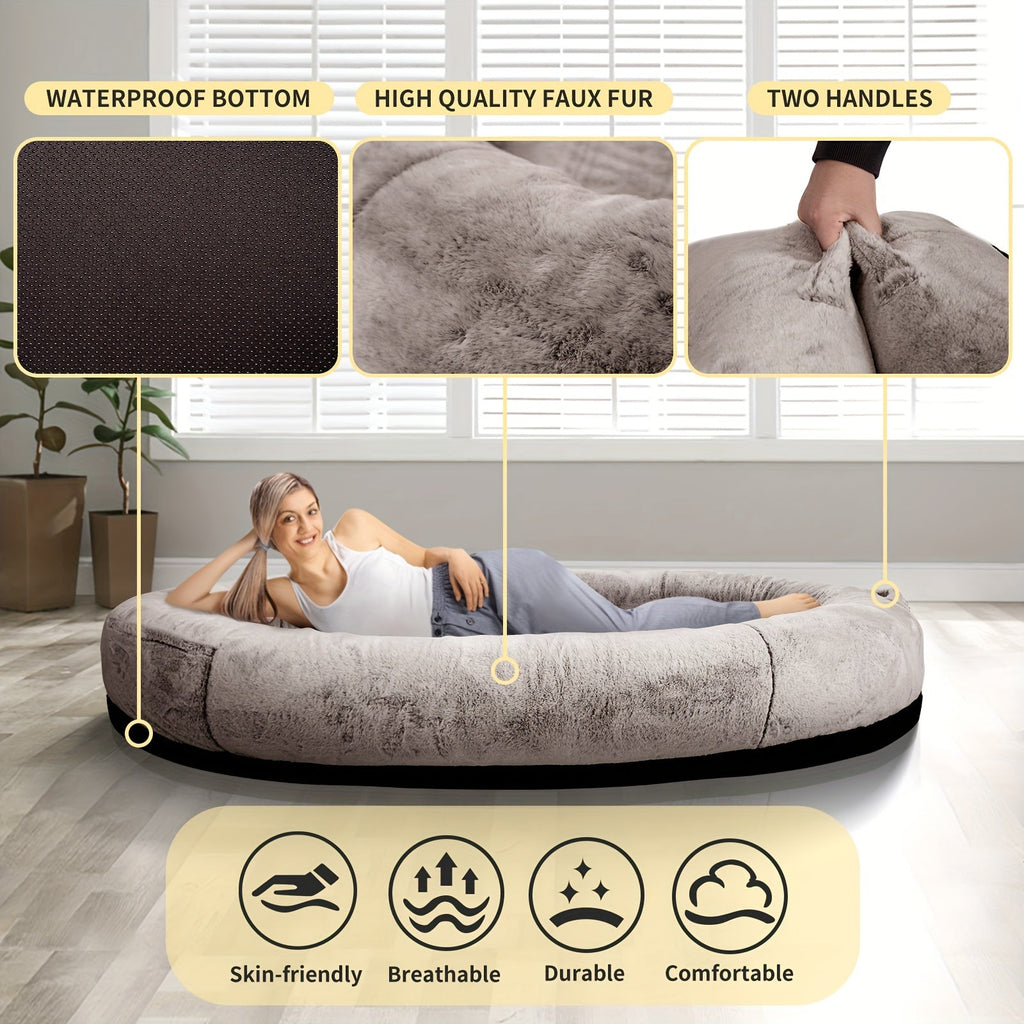 [Cozy Dog Bed] Orthopedic Faux Fur Dog Bed | Cozy Human-Sized Dog Bed For All Breeds - 71"x45"x14" With Blanket And Pillow, Washable, Includes Plush Pillow & Blanket Lootquake LLC