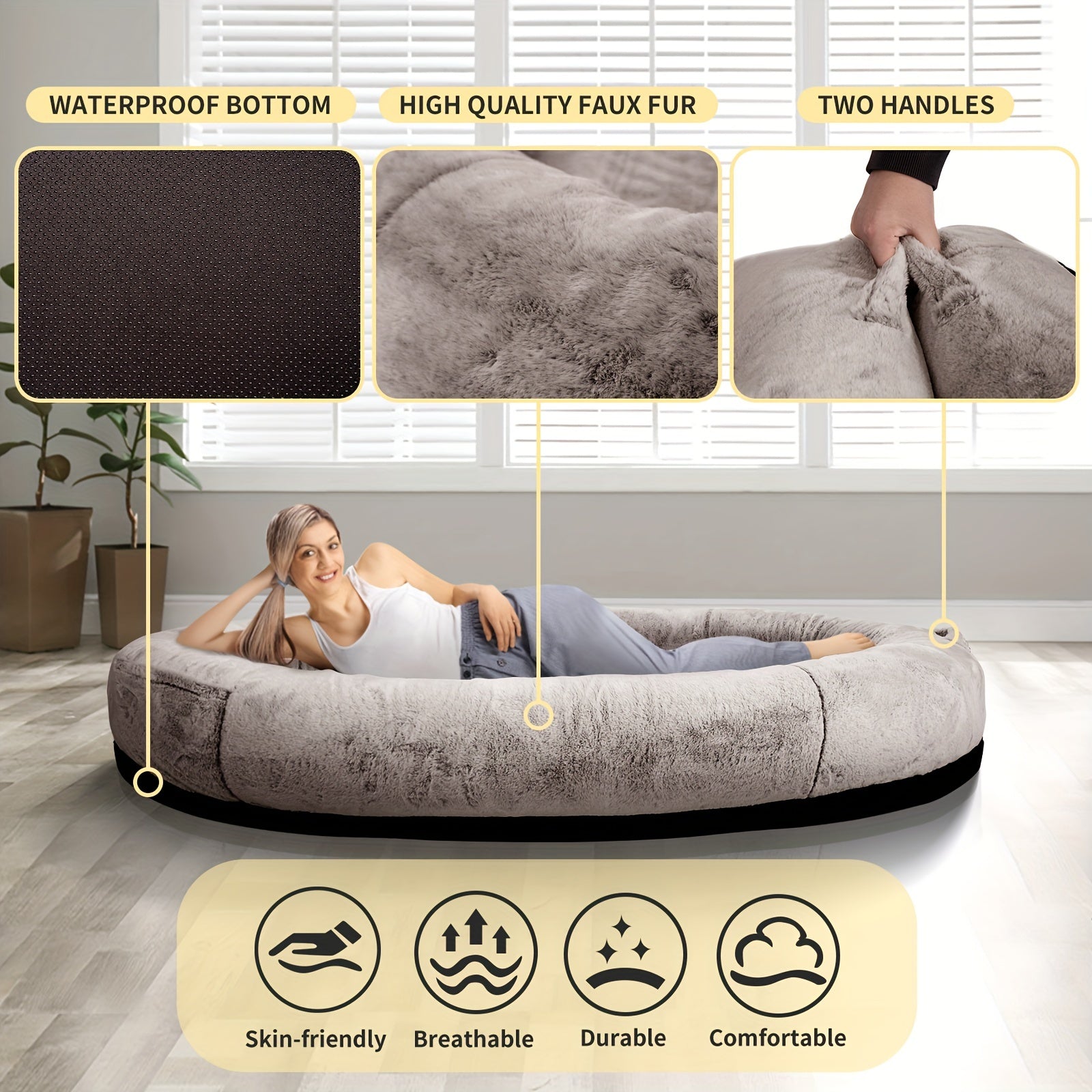[Cozy Dog Bed] Orthopedic Faux Fur Dog Bed | Cozy Human-Sized Dog Bed For All Breeds - 71"x45"x14" With Blanket And Pillow, Washable, Includes Plush Pillow & Blanket Lootquake LLC
