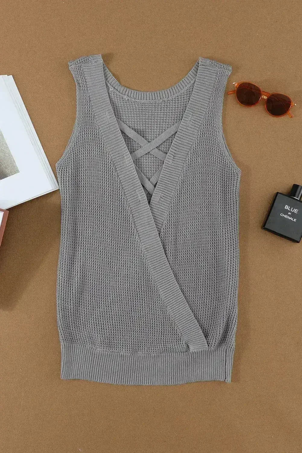 Gray Crisscross Hollow-out Knit Tank Top - SJB-DIAMOND ELITES