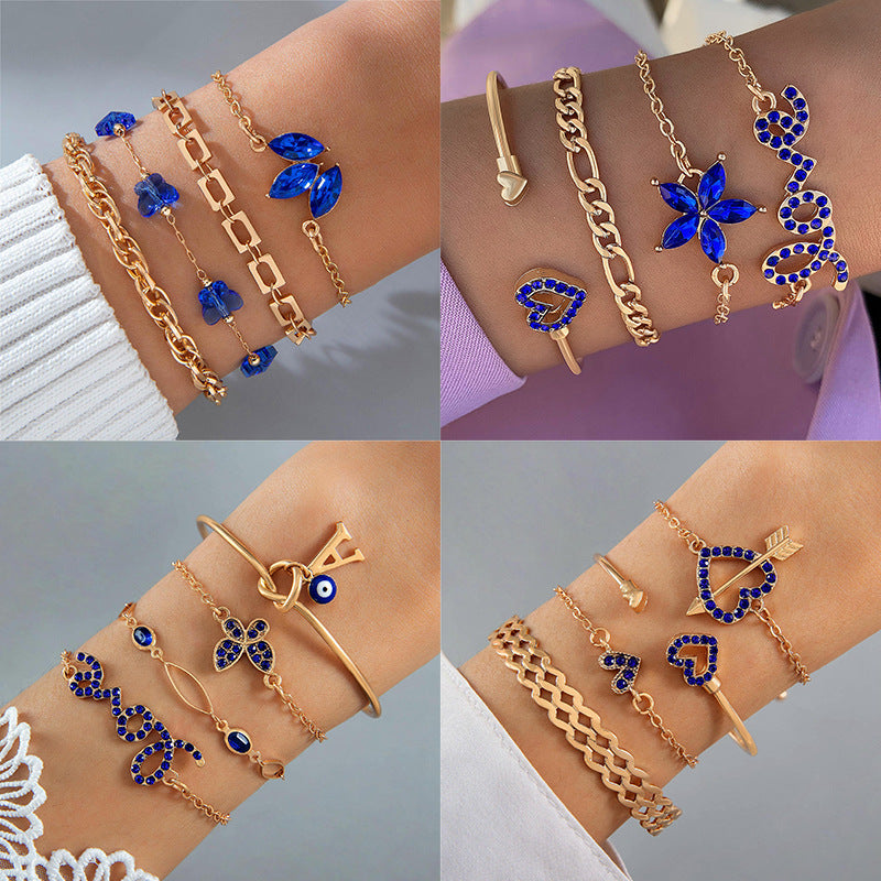 4pcs Blue Flower Love Butterfly Bracelet Set With Rhinestones Design Valentines Day Pi-Mart
