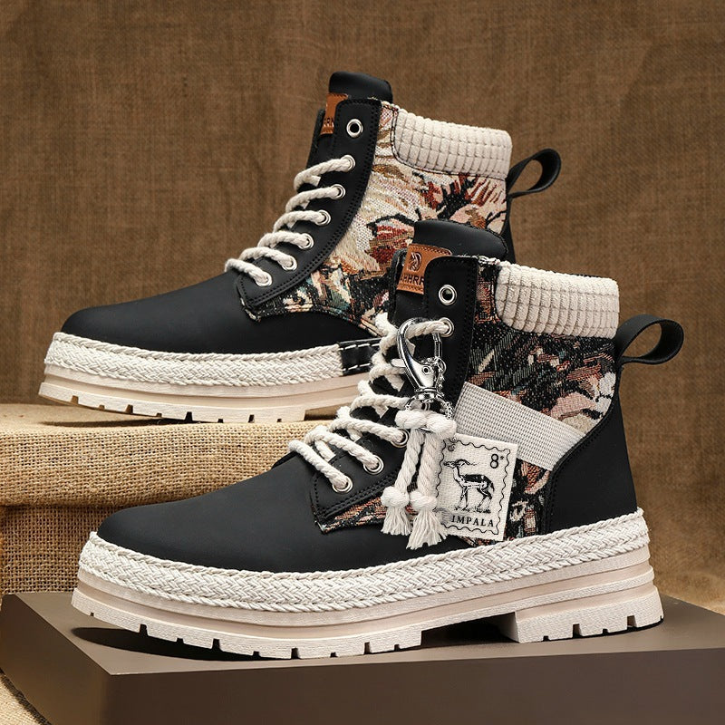 Men's Print Boots Autumn And Winter High-top British Style Comfy Breathable Casual Flat Shoes Outdoor Walking Running Boots Pi-Mart