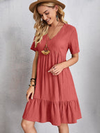 Classic Full Size V-Neck Short Sleeve Dress Casual & Comfortable Dress for Women Stevvex