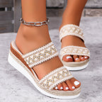 Fashion Wavy Pattern Woven Sandals Summer Casual Ethnic Style Slippers Linen Bottom Wide Strap Wedges Shoes For Women Pi-Mart