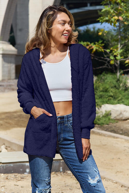 Women Full Size Teddy Hooded Jacket with Pockets Cozy Casual Jacket Comfortable Women Jacket Stevvex