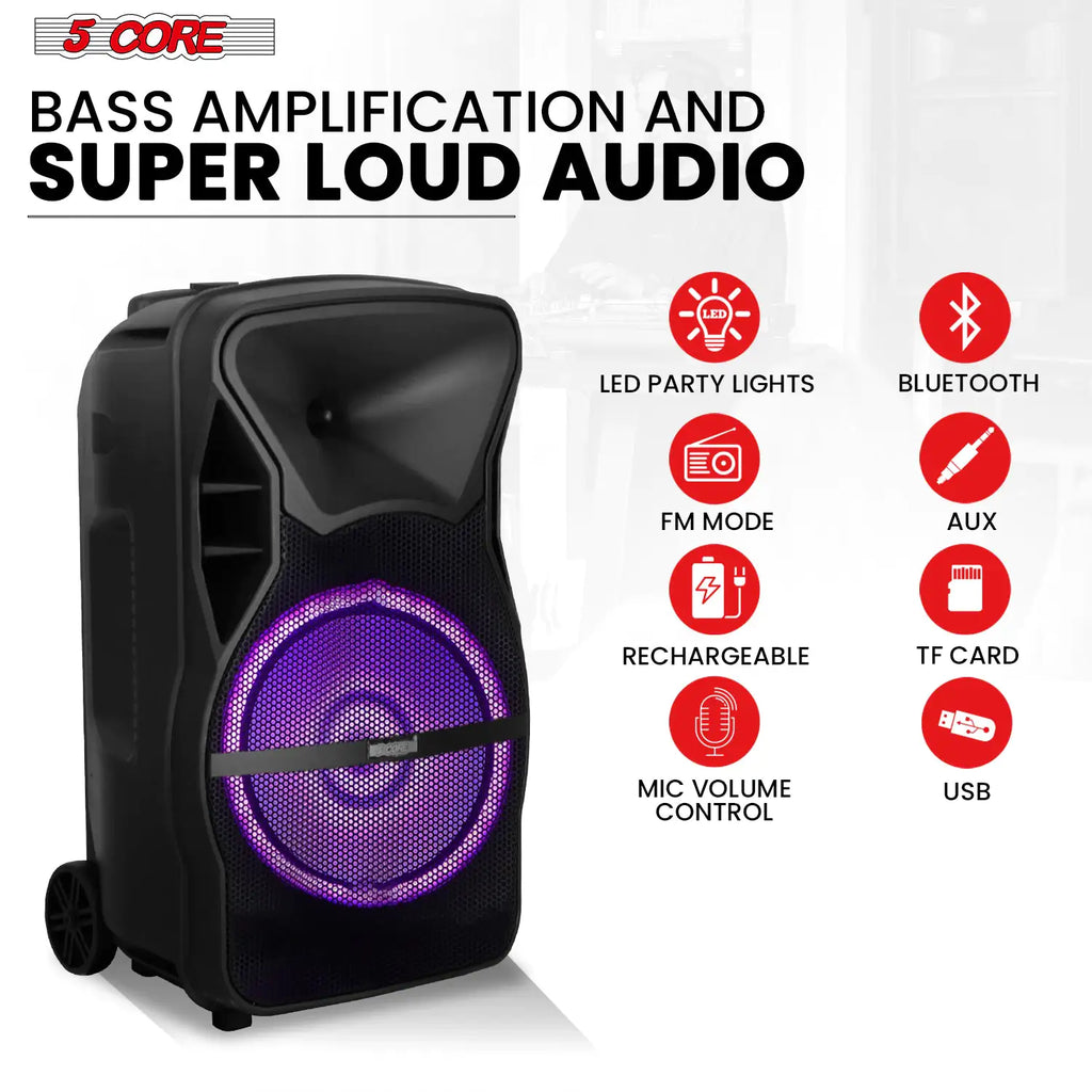 5Core15 inch PA Portable Bluetooth Party Speaker Karaoke Boombox + 2 Wireless Mics Pi-Mart