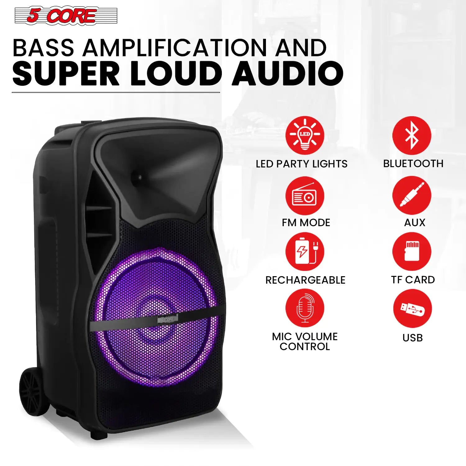 5Core15 inch PA Portable Bluetooth Party Speaker Karaoke Boombox + 2 Wireless Mics Pi-Mart