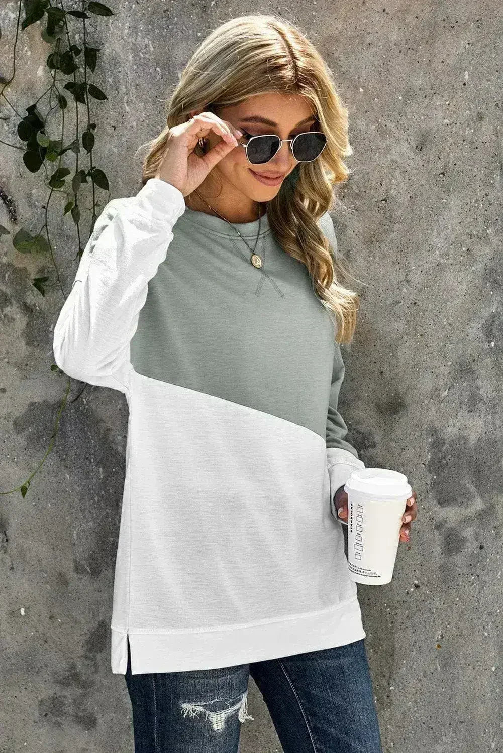 Gray White Patchwork Dropped Shoulder Sleeve Sweatshirt - SJB-DIAMOND ELITES
