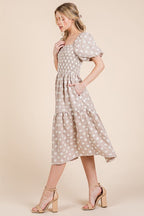 New Floral Embroidered Smocked Puff Sleeve Tiered Midi Dress For Women Elegant,Charming and Feminine Floral Embroidered Midi Dress with Puff Sleeves and Tiered Design