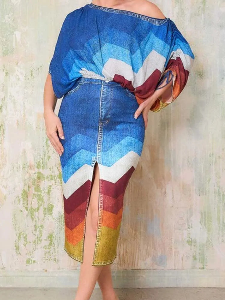 2 Piece Outfit Set Women Streetwear Summer Outfits with Skirts Fake Denim Print Elegant Chic Open Split Skirt Long Sexy Female Purplish Diva