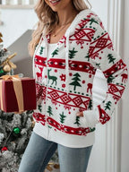 White Drawstring Christmas Element Zip-Up Hooded Jacket Winter Cute Stylish Holiday Outerwear For Her