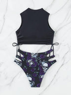Bikini Skull Print Hollow-Out 2 Piece Swimsuit for Women – Sexy Lace-Up Floral Tie Bathing Suit with Crew Neck – High Stretch Halloween Inspired Bikini Set for Beach Party, Festival, and Summer Vacation