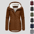 Winter Hooded Jacket Solid Color Warm Buckle Zip-up Fleece Jacket With Pockets Women's Casual Jacket Pi-Mart