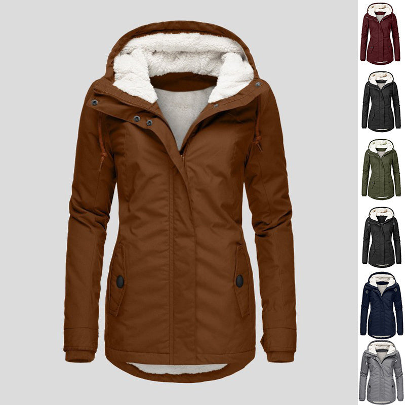 Winter Hooded Jacket Solid Color Warm Buckle Zip-up Fleece Jacket With Pockets Women's Casual Jacket Pi-Mart