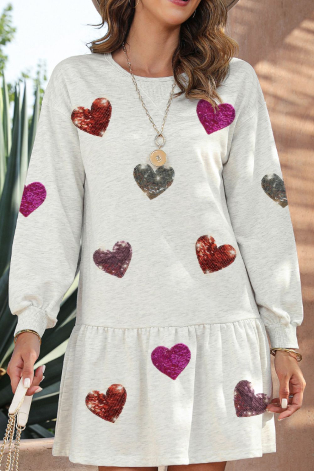 Cute Heart Round Neck Long Sleeve Mini Dress Stylish Dress for Women Girls Simple Charming Dress Stevvex