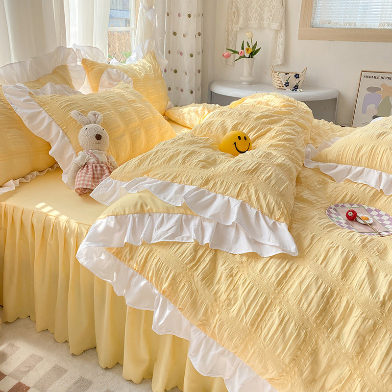 Solid Color Four-piece Quilt Cover Bed Skirt Bedding Set Pi-Mart