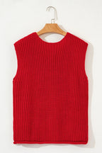 Fiery Red Solid Textured Knit Side Pockets Buttoned Sweater Vest