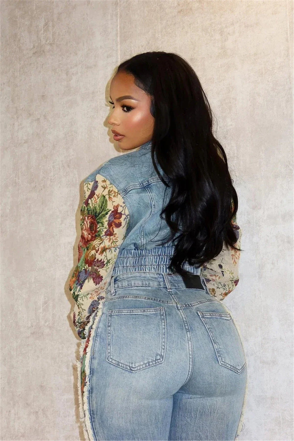 2024 Women's Printed Splicing Denim Jacket Long Sleeve and Piercing Jeans Long Pants Color Contrasting Set Two Piece Set Purplish Diva