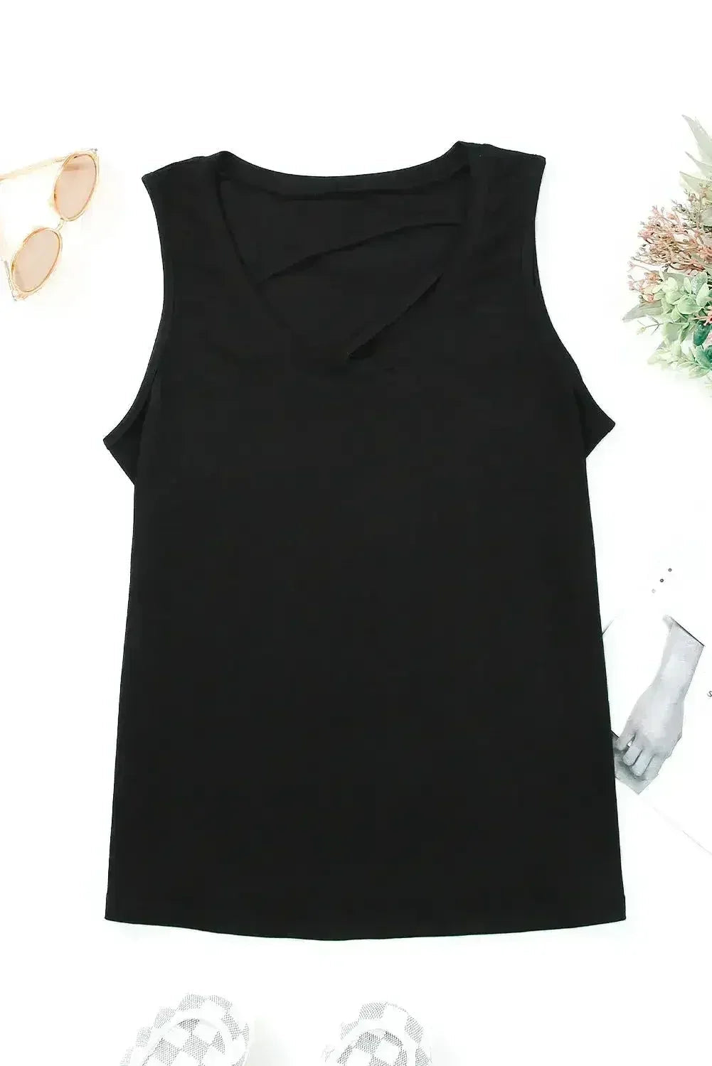 Black Strappy Hollow-out Neck Tank Top - SJB-DIAMOND ELITES