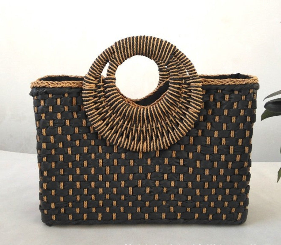 Wooden handle beach bag handbag Pi-Mart