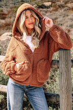Solid Sherpa Fleece Zip Up Hooded Jacket THRIXINE