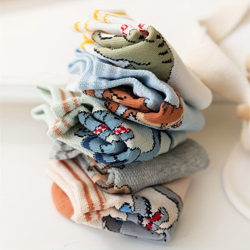 5 Pairs Of Boy's Trendy Dinosaur Pattern No Show Socks, Comfy Breathable Casual Soft Socks For Kid's Outdoor Activities Lootquake LLC