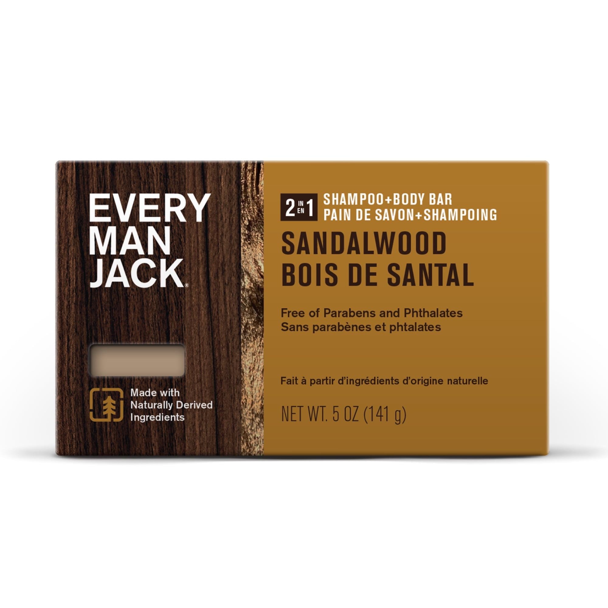 Every Man Jack Sandalwood Mens 2-in-1 Bar Soap - Wash and Shampoo for All Skin Types - 5oz