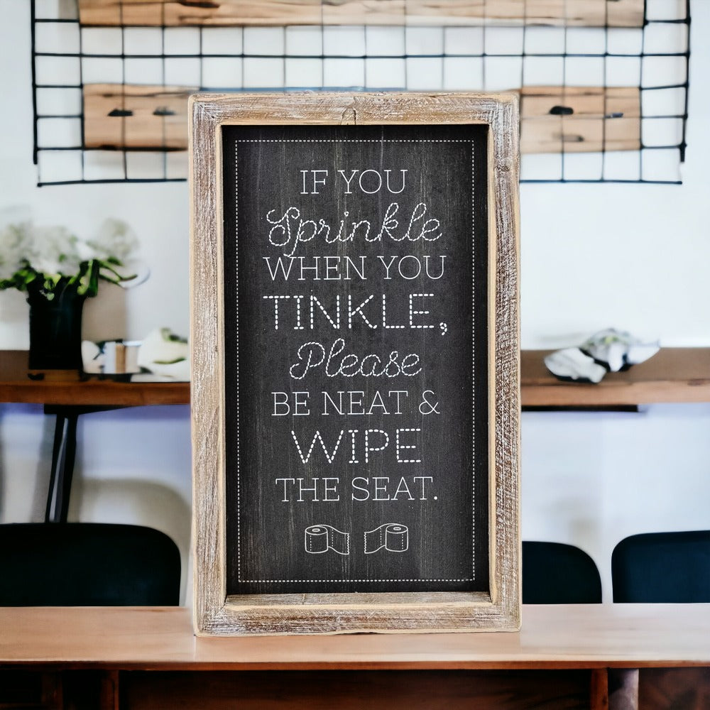 Funny Double Sided Wooden Bathroom Sign Aim Sprinkle Tinkle Freestanding Frame Wall Decor BandsCo Straps