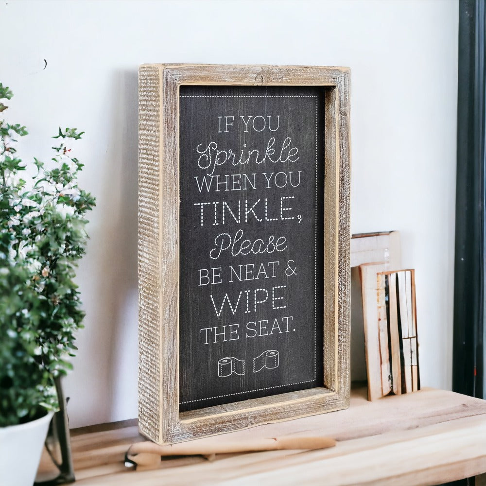 Funny Double Sided Wooden Bathroom Sign Aim Sprinkle Tinkle Freestanding Frame Wall Decor BandsCo Straps