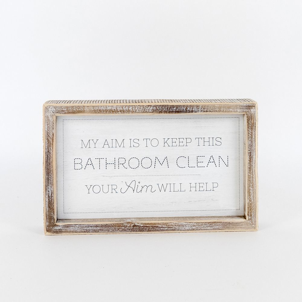 Funny Double Sided Wooden Bathroom Sign Aim Sprinkle Tinkle Freestanding Frame Wall Decor BandsCo Straps
