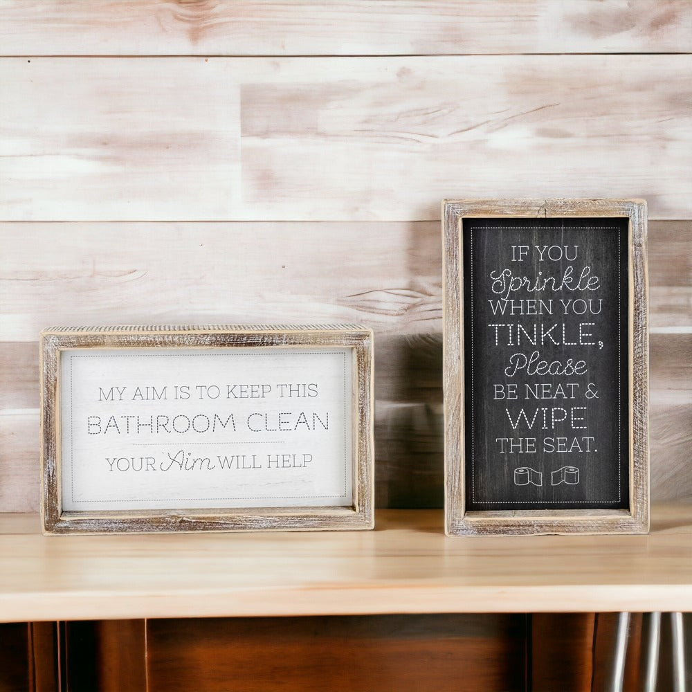 Funny Double Sided Wooden Bathroom Sign Aim Sprinkle Tinkle Freestanding Frame Wall Decor BandsCo Straps