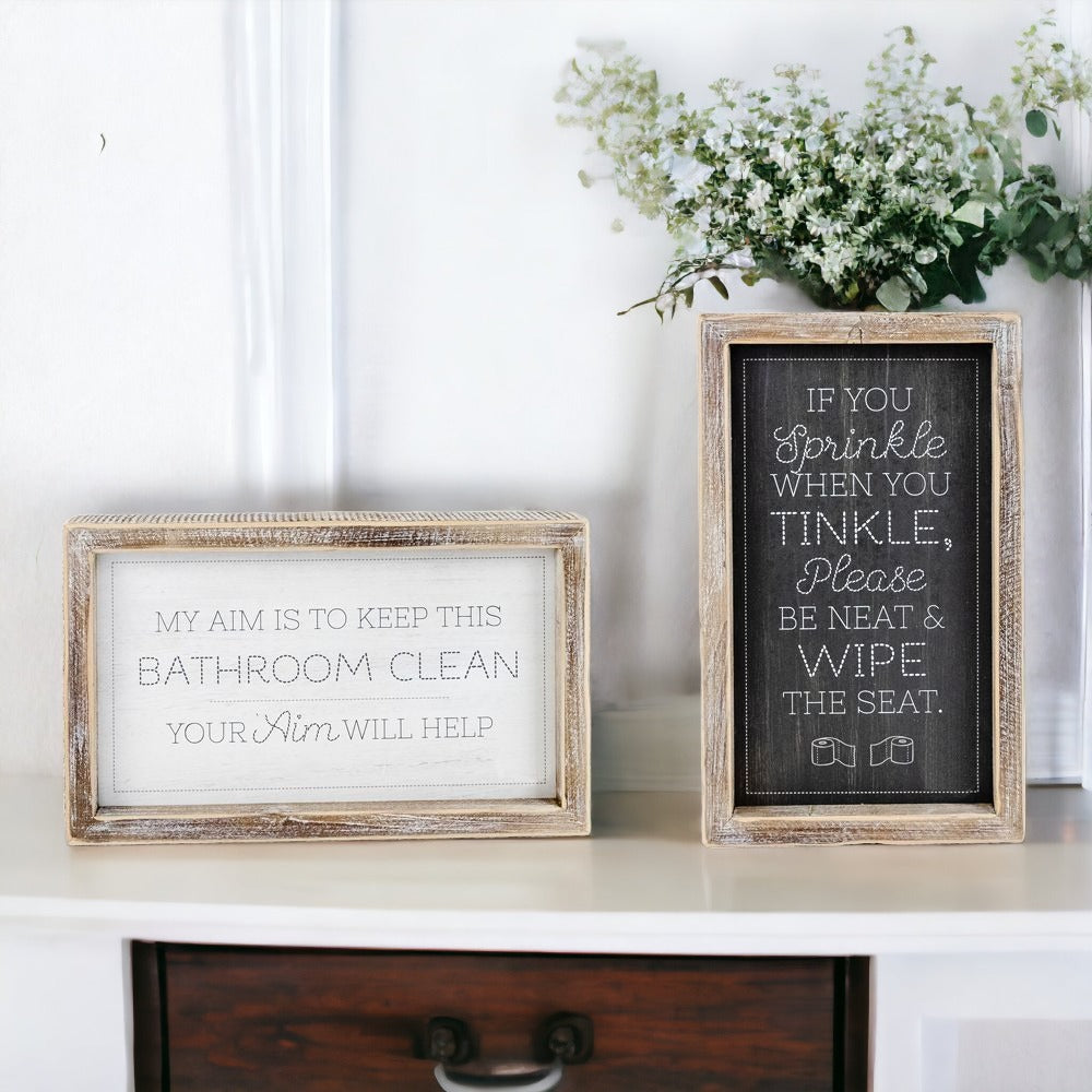 Funny Double Sided Wooden Bathroom Sign Aim Sprinkle Tinkle Freestanding Frame Wall Decor BandsCo Straps