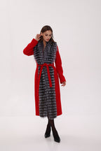 Genuine Silver Fox Virgin Wool Wrap Coat in Red - SJB-DIAMOND ELITES