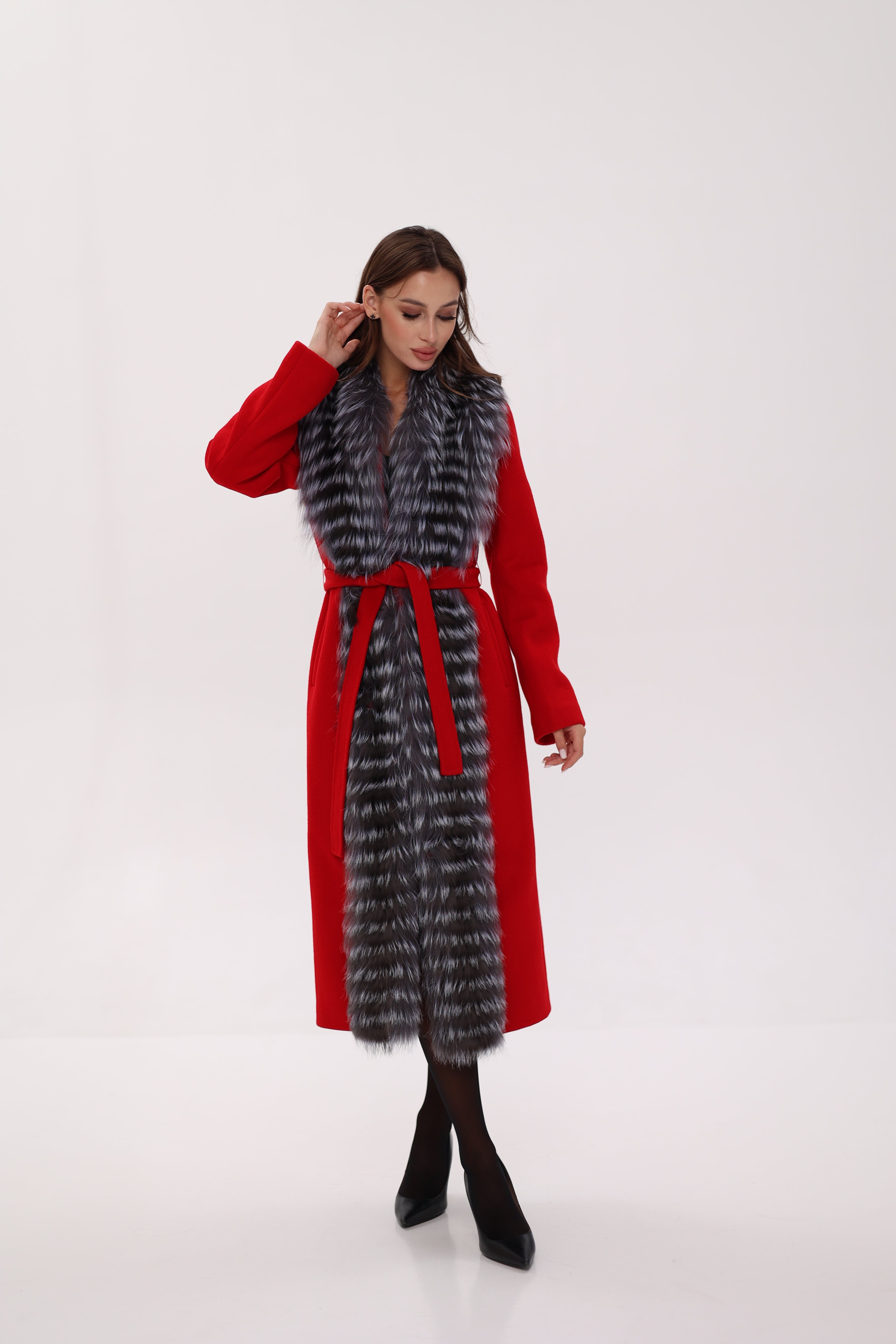Genuine Silver Fox Virgin Wool Wrap Coat in Red - SJB-DIAMOND ELITES