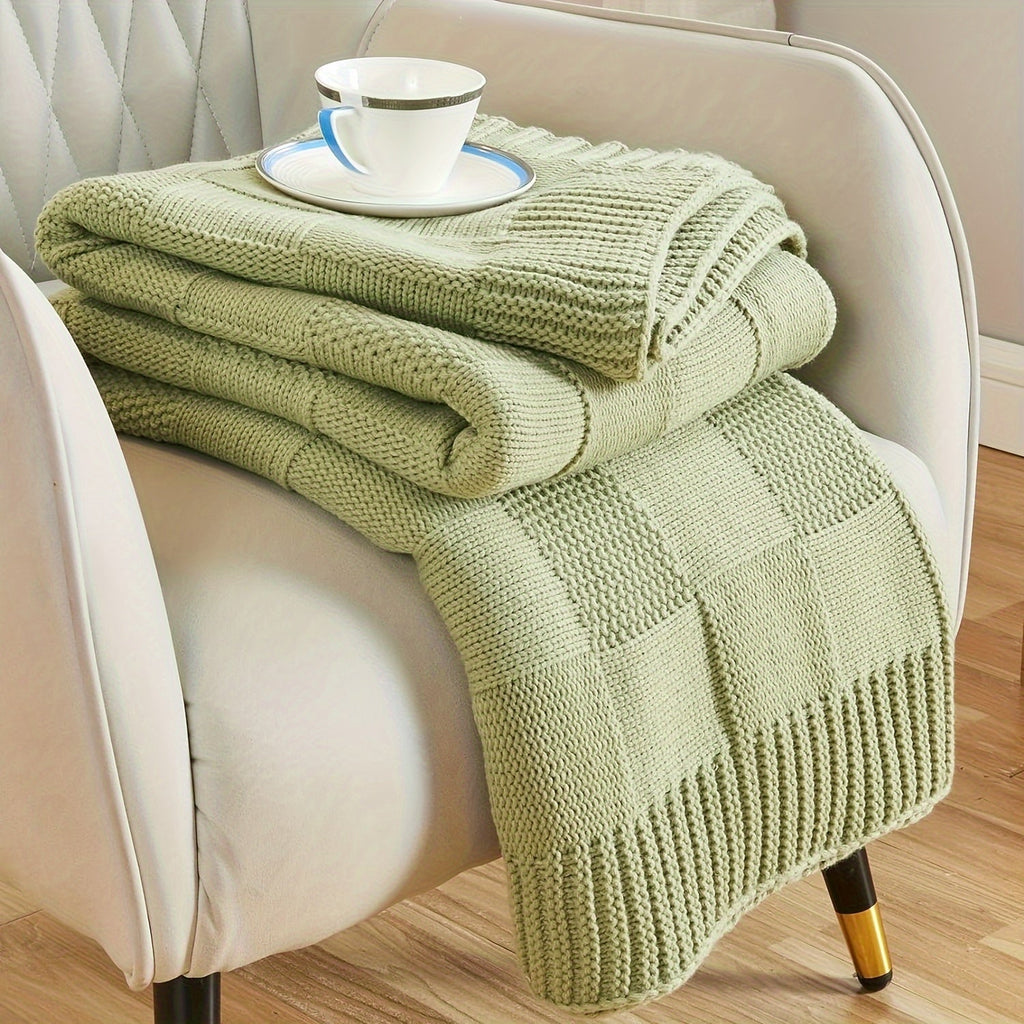 1pc Knit Throw Blanket, White Checkered Throw Blanket For Couch, Soft Cozy Warm Knitted Throw Blanket For Bed Sofa Lootquake LLC