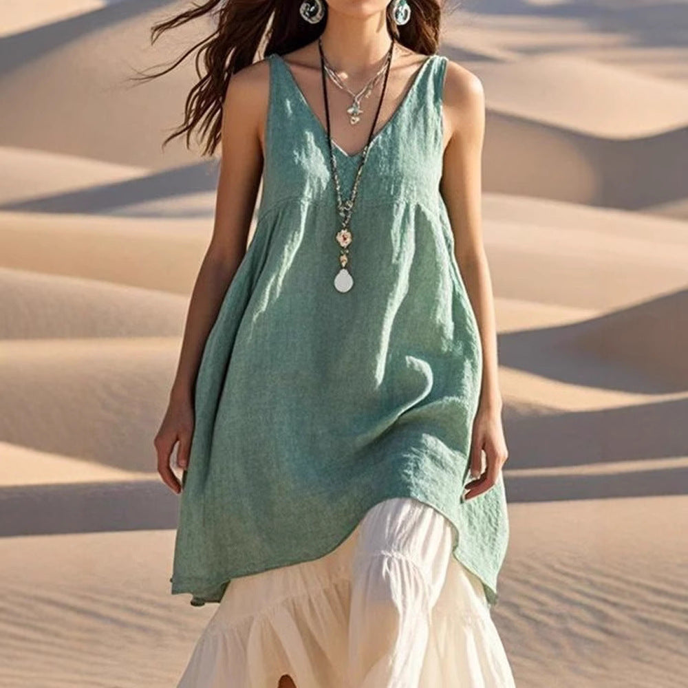 Fashion Sleeveless Cotton Linen Solid Color And V-neck Beach Dress Lootquake LLC