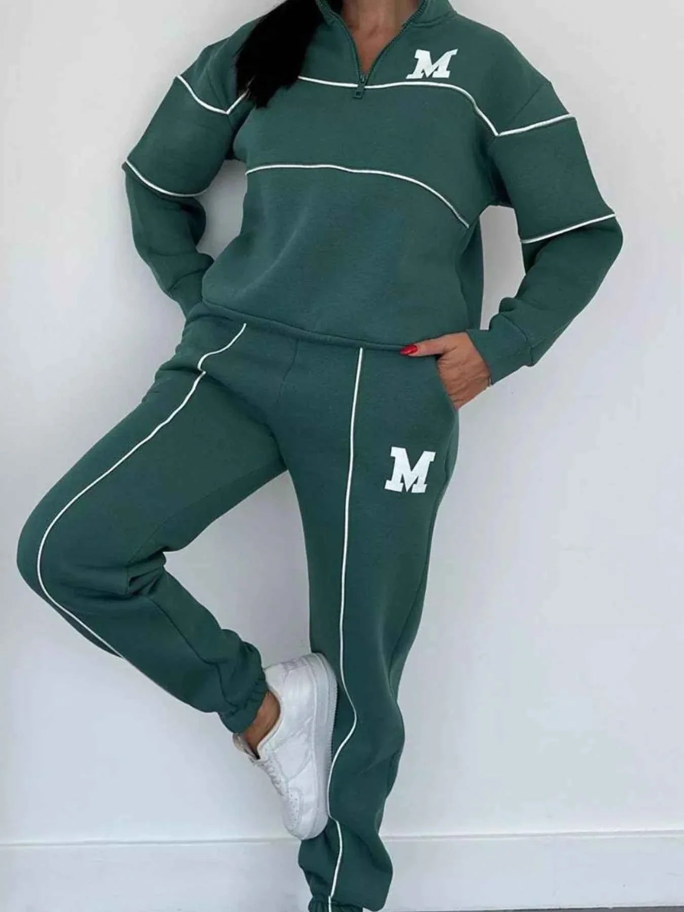 Full Size Striped Quarter Zip Top and Pants Set Plus Size THRIXINE