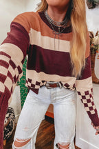 Brown Checkered Colorblock Knitted Drop Shoulder Sweater