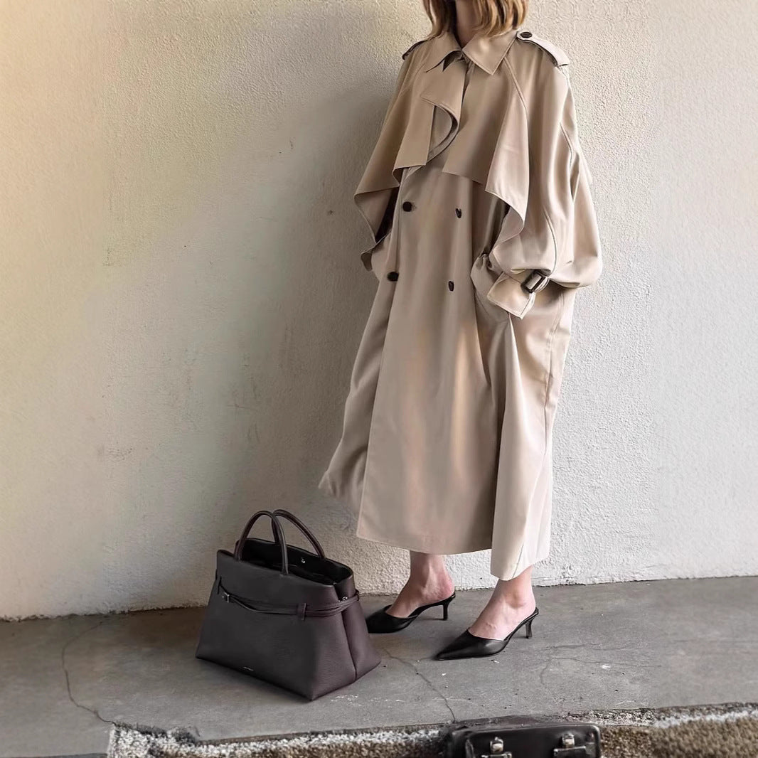 Women's Long Khaki Belted Cape Trench Coat Pi-Mart