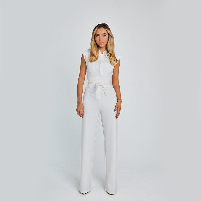 Fashion Elegant Long Sleeveless Jumpsuit Summer V-neck Casual Wide Leg Long Overalls Clothing For Women Pi-Mart