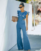 Women's Slim Fit round Ne Jumpsuit Casual  Color High Waist Long Pants Commute Sle Polyester Denim Fabric Summer Purplish Diva