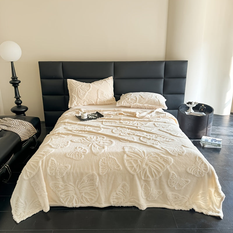 Cozy Taffeta Jacquard Butterfly Flannel Throw Blanket, Soft Polyester, Double-Sided Velvet, All-Season Comfort, Ideal For Office Naps & Bedding - White With Green Accents