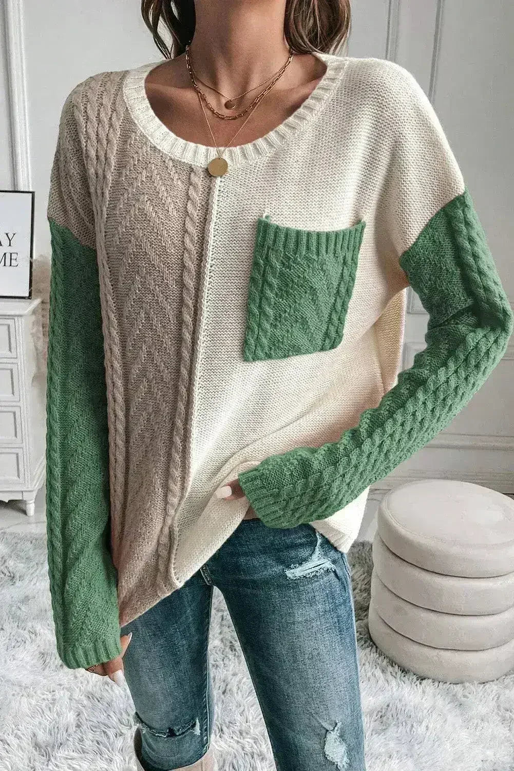 Color Block Round Neck Long Sleeve Sweater - SJB-DIAMOND ELITES