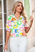 Green Abstract Leopard Short Sleeve Pop of Color Blouse | Femstylo