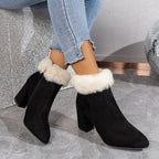 New Plaid Print Plush Ankle Boots Winter Fashoin Square Heel Suede Boots Women Casual Versatile Shoes Autumn And Winter Pi-Mart