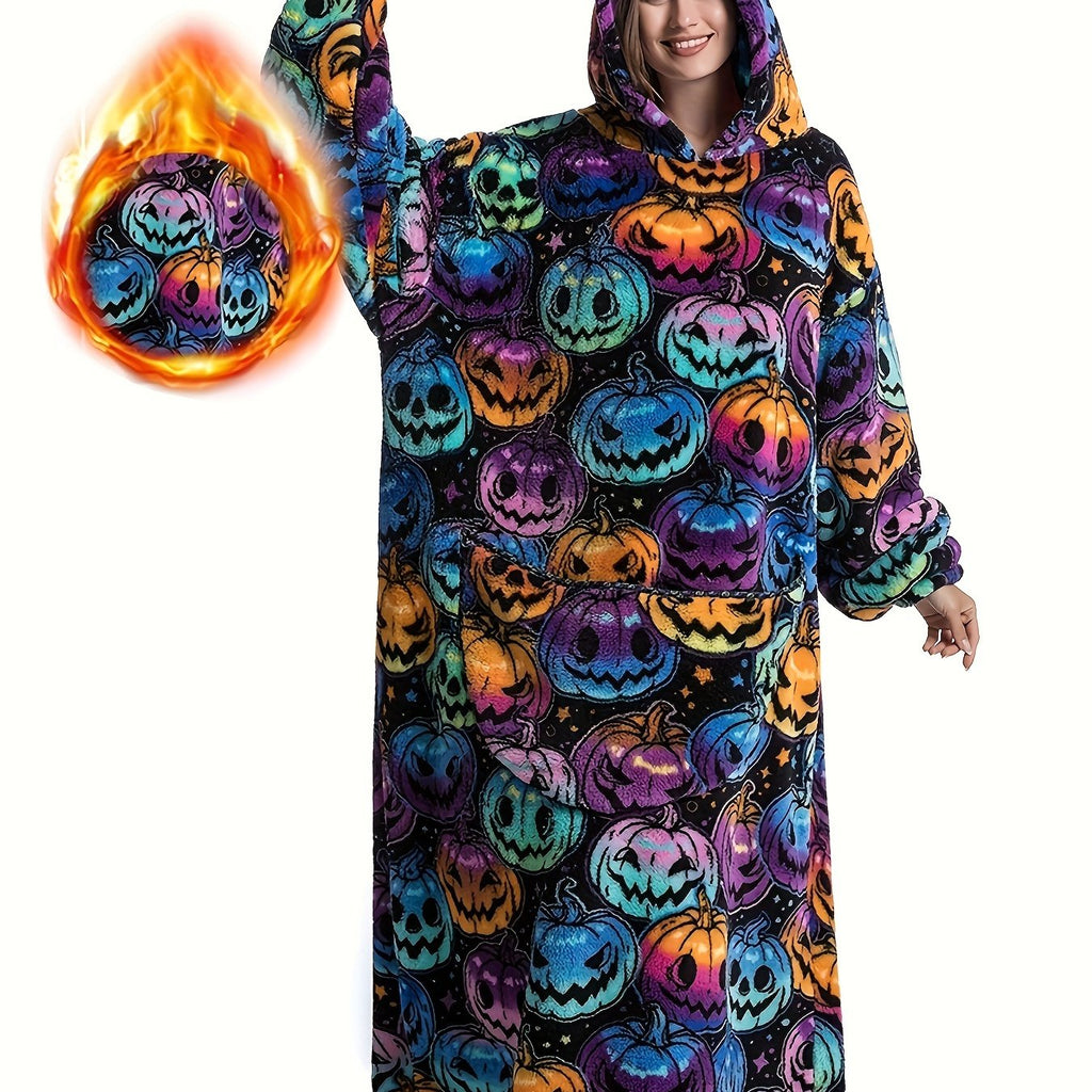 Plus Size Pumpkin Print Flannel Blanket Hoodie - Soft, Cozy, Plush, Hooded, Winter Outwear for Women with Halloween Theme Lootquake LLC