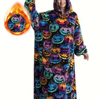 Plus Size Pumpkin Print Flannel Blanket Hoodie - Soft, Cozy, Plush, Hooded, Winter Outwear for Women with Halloween Theme Lootquake LLC
